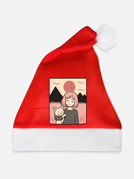 Mädchen mit Katze vor Bergen - Weihnachtsmütze - Rot