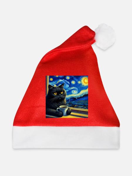Schwarze Katze Starry Night - Weihnachtsmütze - Rot