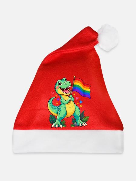 T-Rex mit Regenbogenflagge – Pride Dino - Weihnachtsmütze - Rot