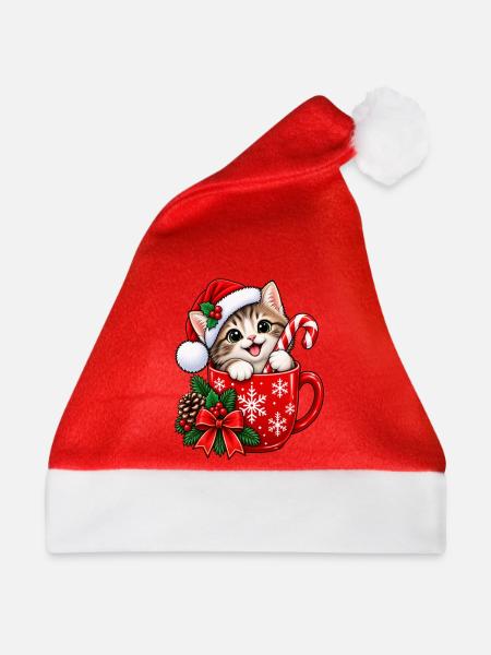 Kätzchen in Weihnachtstasse & Zuckerstange - Weihnachtsmütze - Rot