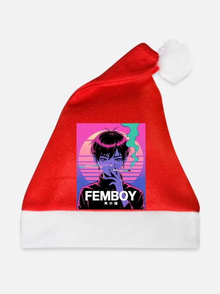 Vaporwave Femboy mit Glitch-Style - Weihnachtsmütze - Rot