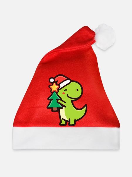 Kawaii Dino T-Rex mit Weihnachtsbaum - Weihnachtsmütze - Rot