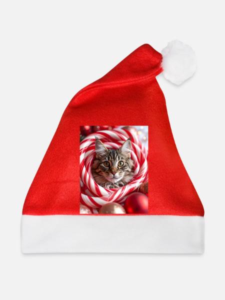 Weihnachtskatze zwischen Zuckerstangen - Weihnachtsmütze - Rot