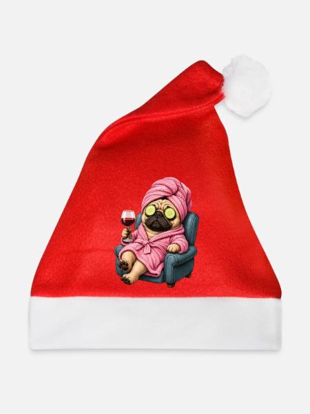 Spa-Pug im Pinken Bademantel - Weihnachtsmütze - Rot