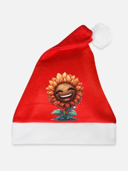 Lächelnder Sonnenblumen Gruß - Weihnachtsmütze - Rot