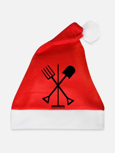 Gartengeräte Schaufel Rechen und Mistgabel gekreuzt - Weihnachtsmütze - Rot - Vorne