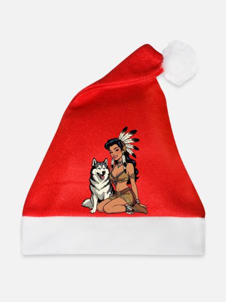 Indische Frau mit Husky-Hund - Weihnachtsmütze - Rot