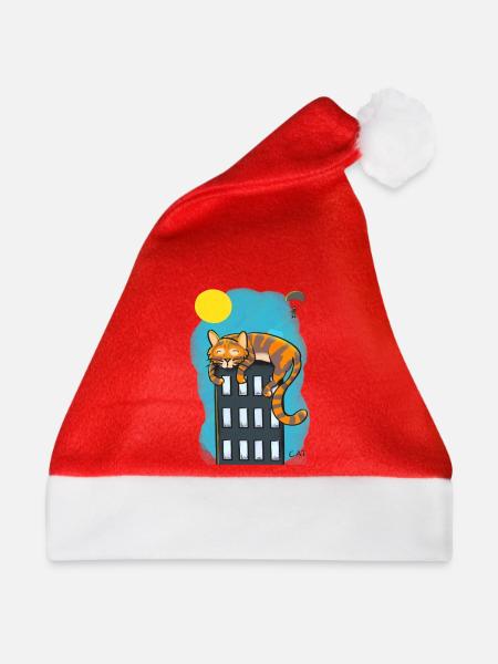 Katze über Wolkenkratzer - Weihnachtsmütze - Rot