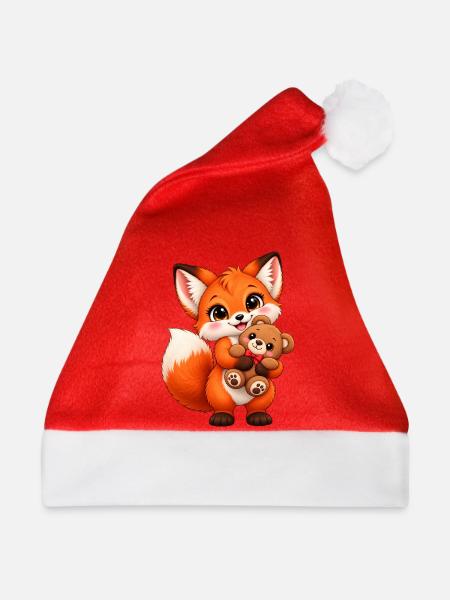 Kawaii-Fuchs mit Teddybär - Weihnachtsmütze - Rot