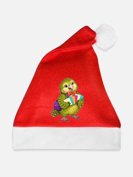 Grüner Papagei mit bunten Karten - Weihnachtsmütze - Rot - Vorne