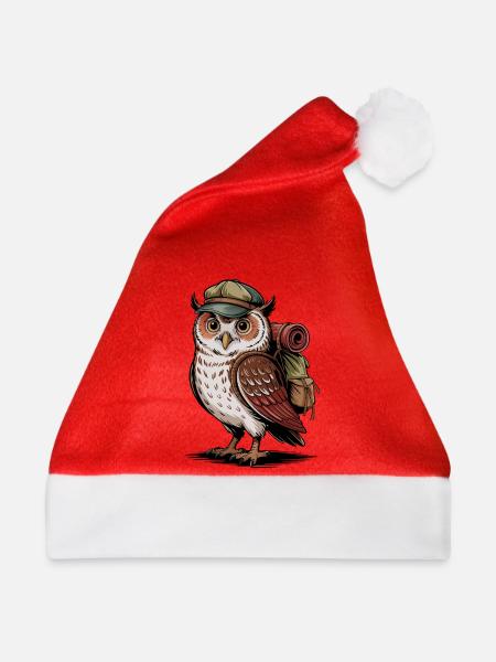 Wandernde Eule mit Rucksack - Weihnachtsmütze - Rot