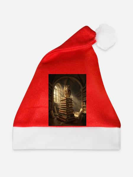 Eulenruf am Bücherstapel Licht - Weihnachtsmütze - Rot