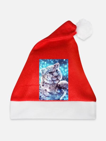 Schneeleopard Poster - Weihnachtsmütze - Rot
