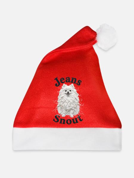 Weißer Spitz im Jeansflicken-Stil - Weihnachtsmütze - Rot
