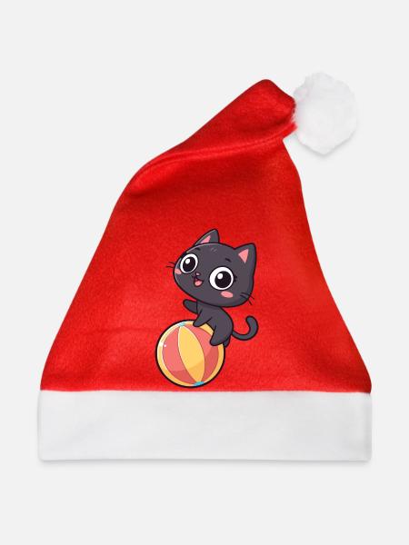 Schwarzes Kätzchen auf Strandball - Weihnachtsmütze - Rot