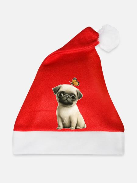 Mops mit Schmetterling - Weihnachtsmütze - Rot