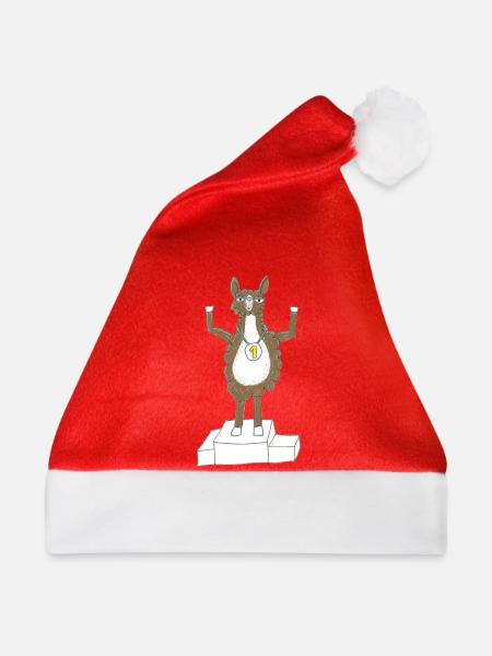 Lama mit Medaille auf Siegerpodest - Weihnachtsmütze - Rot - Vorne