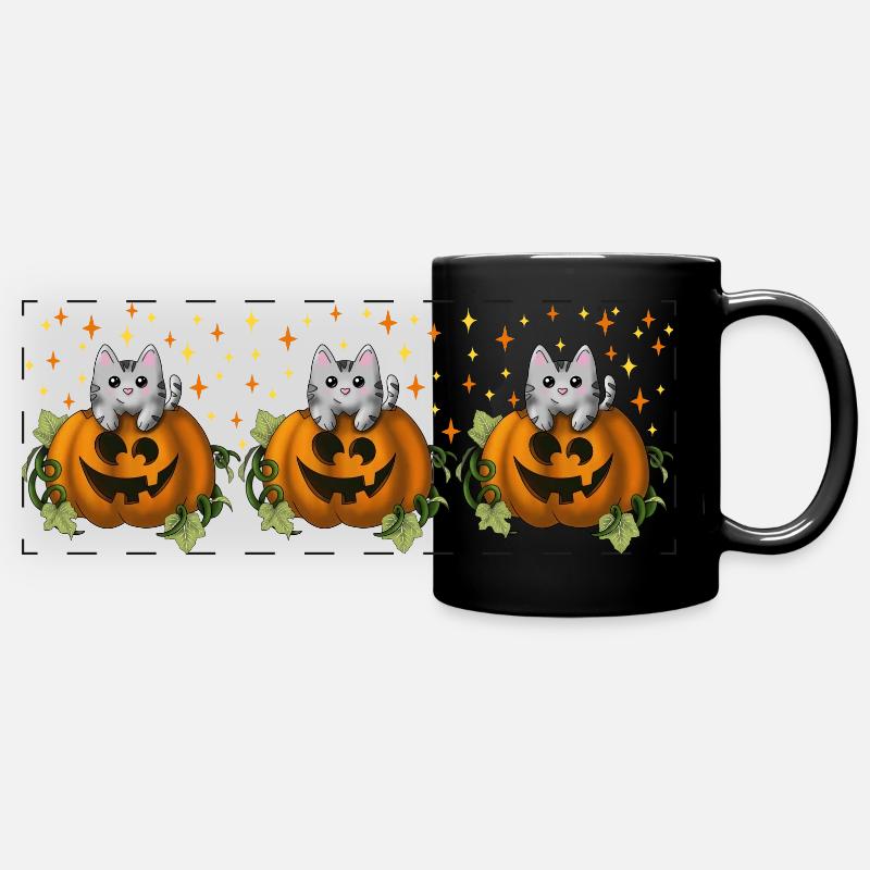 Cat in pumpkin mug motif - Full Colour Panoramic Mug - black