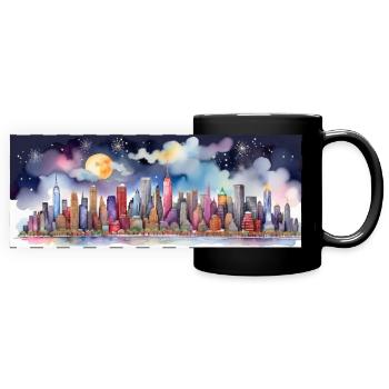 Weihnachtliche Liebe nach New York. Aquarell Skyline - Panorama-Tasse farbig - Schwarz - Vorne