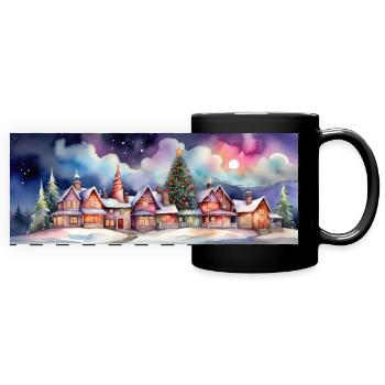 Christmas Imaginary Watercolor Village. Gift idea. - Full Colour Panoramic Mug - black - Front