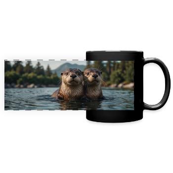 Two otters looking out of the water - Full Colour Panoramic Mug - black - Front