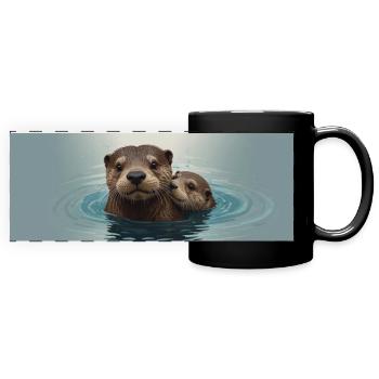 Fischotter Mama mit Fischotter Baby - Panorama-Tasse farbig - Schwarz - Vorne