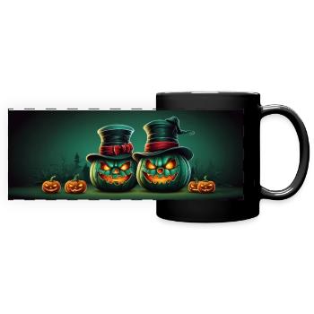 Grinsende Halloweenkürbisse mit Zylinder - Panorama-Tasse farbig - Schwarz - Vorne
