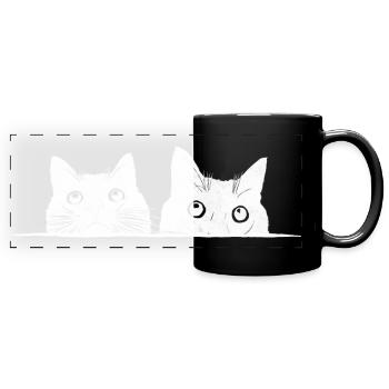Zwei guckende Katzen - Panorama-Tasse farbig - Schwarz - Vorne