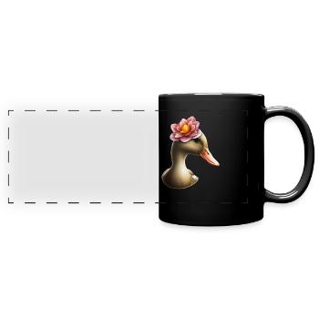 Ente mit Blumenhut - Panorama-Tasse farbig - Schwarz - Vorne