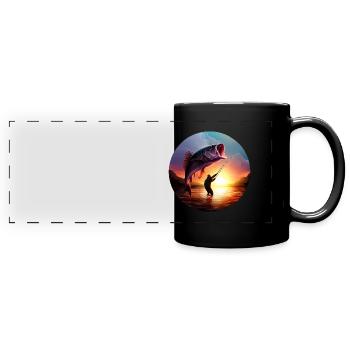 Pêcheur avec coucher de soleil de poisson géant - Mug panoramique uni - noir - Devant