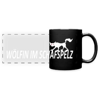 WÖLFIN IM SCHAFSPELZ, lustige Sprüche, Statement - Panorama-Tasse farbig - Schwarz - Vorne