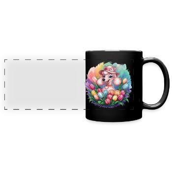 Süßer Cartoon Pudel mit farbenfrohen Tulpen - Panorama-Tasse farbig - Schwarz - Vorne