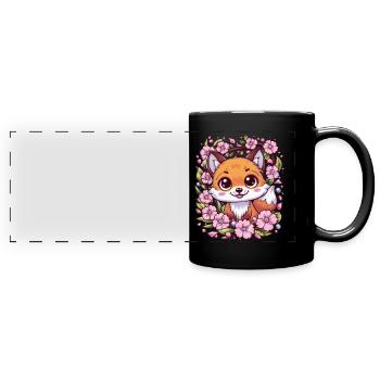 Kawaii Fuchs mit Sakura Kirschblüten - Panorama-Tasse farbig - Schwarz - Vorne