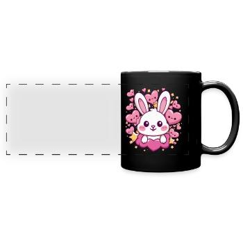 Süßer Kawaii Hase mit Herzen und Sternen - Panorama-Tasse farbig - Schwarz - Vorne