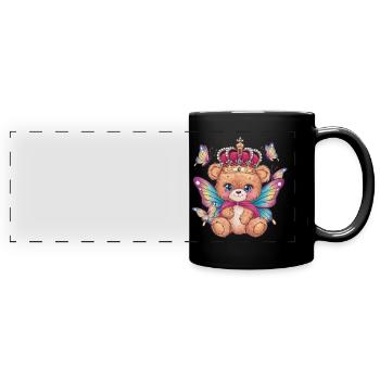 Kawaii Teddybär mit Krone und Schmetterlingen - Panorama-Tasse farbig - Schwarz - Vorne