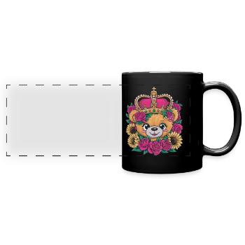 Ours en peluche kawaii avec couronne, roses et tournesols - Mug panoramique uni - noir - Devant