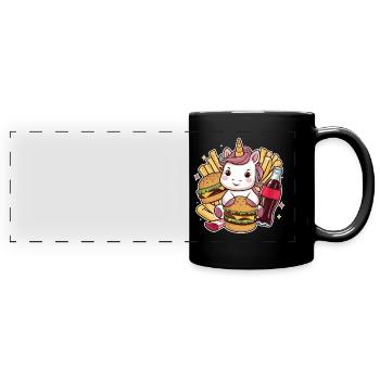 Einhorn mit Fast Food - Panorama-Tasse farbig - Schwarz - Vorne