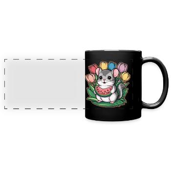 Kawaii Chinchilla mit Wassermelone und Tulpen - Panorama-Tasse farbig - Schwarz - Vorne