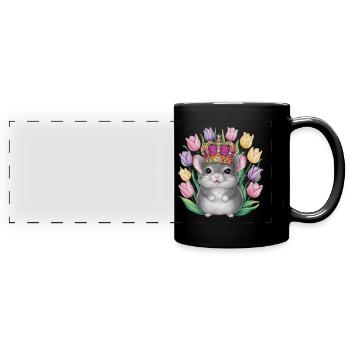 Kawaii Chinchilla mit Krone und bunten Tulpen - Panorama-Tasse farbig - Schwarz - Vorne