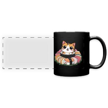 Süße Kawaii Katze liebt Sushi - Panorama-Tasse farbig - Schwarz - Vorne