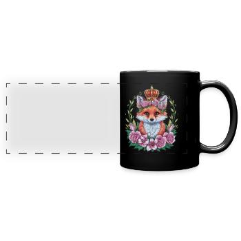 Cartoon Kawaii Fuchs mit Krone, Rosen und Lillien - Panorama-Tasse farbig - Schwarz - Vorne