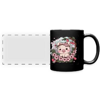Sweet Kawai Pig with Sakura Cherry Blossoms - Full Colour Panoramic Mug - black - Front
