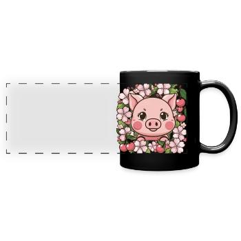 Sweet Kawai Pig with Sakura Cherry Blossoms - Full Colour Panoramic Mug - black - Front