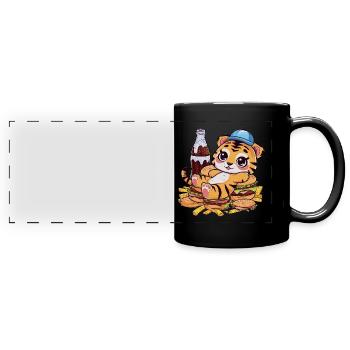 Tiger avec boisson gazeuse, frites et hamburgers - Mug panoramique uni - noir - Devant