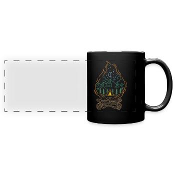 Feu de camp camping avec tente en plein air dans la forêt d'arbres - Mug panoramique uni - noir - Devant