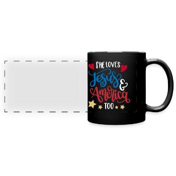 Sie Liebt Auch Jesus Und Amerika - Panorama-Tasse farbig - Schwarz - Vorne