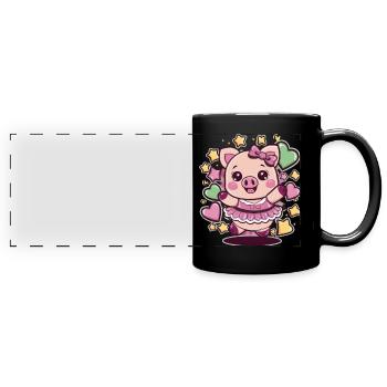 Kawaii Cartoon Schwein mit Herzen und Sternchen - Panorama-Tasse farbig - Schwarz - Vorne