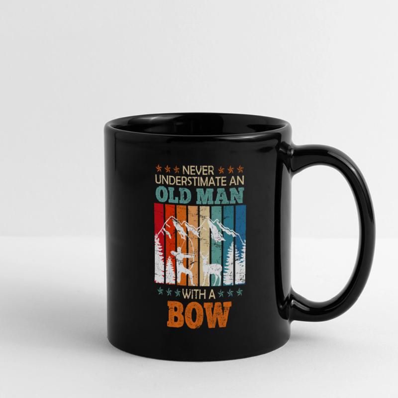 Alter Mann mit Bogen Langbogen Bogenschütze Panorama-Tasse farbig
