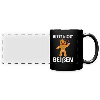Lebkuchenmann Bitte Nicht Beißen Wütend - Panorama-Tasse farbig - Schwarz - Vorne