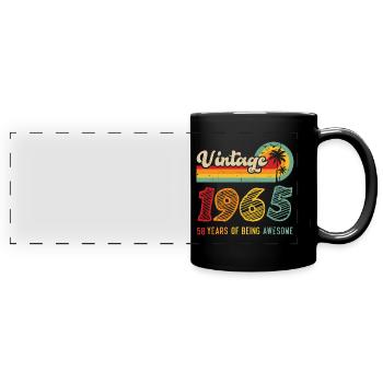 Jahrgang 1965, Geburtstagsgeschenk 58 Jahre - Panorama-Tasse farbig - Schwarz - Vorne
